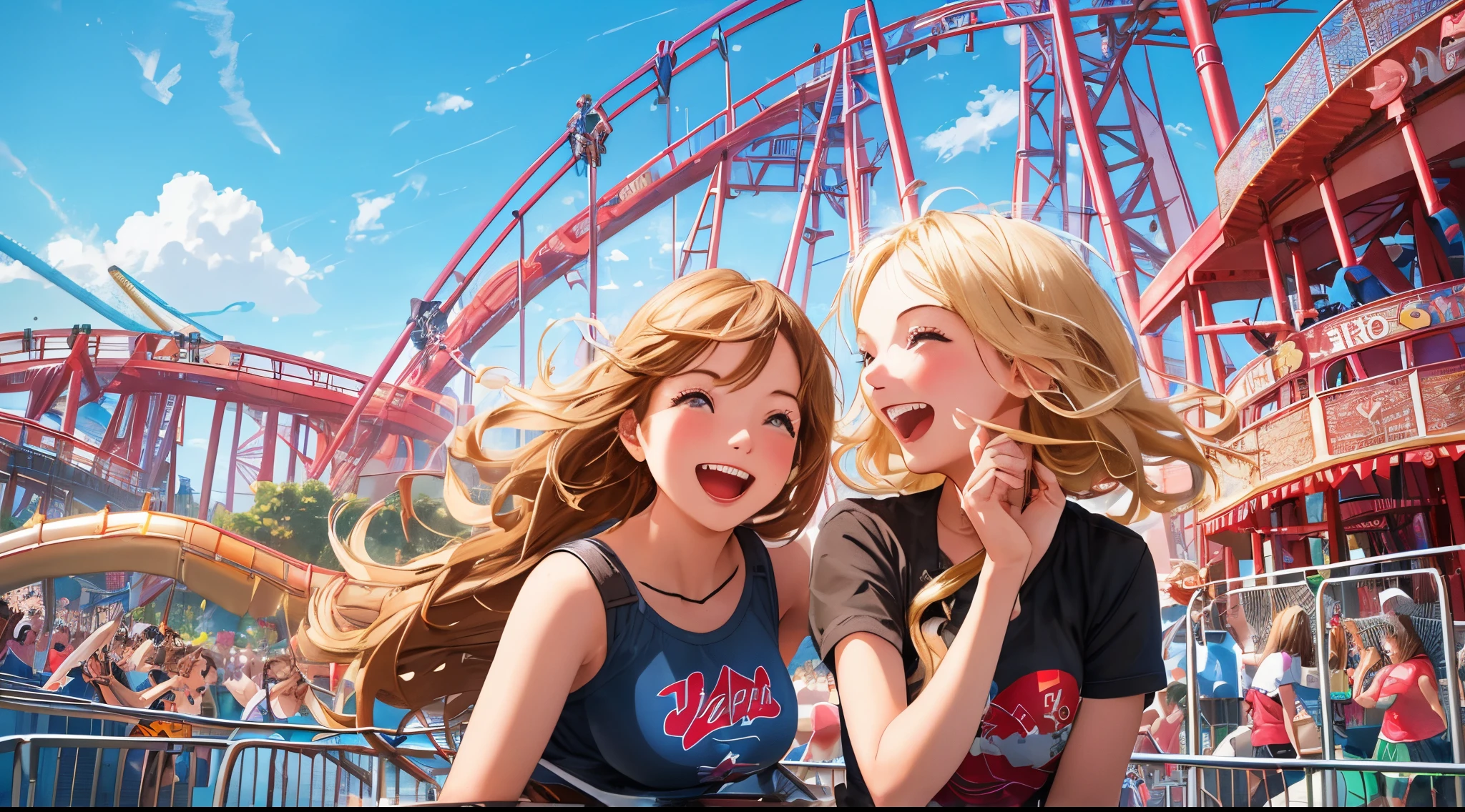 A couple in a tender moment on a Ferris wheel, surrounded by the enchanting lights of the theme park. Their expressions radiate happiness, creating a snapshot of shared joy. Best quality, intricate details, clean lines, eye-catching composition, soft tones, semi-realism, perfect illustration, dynamic pose, ample headroom