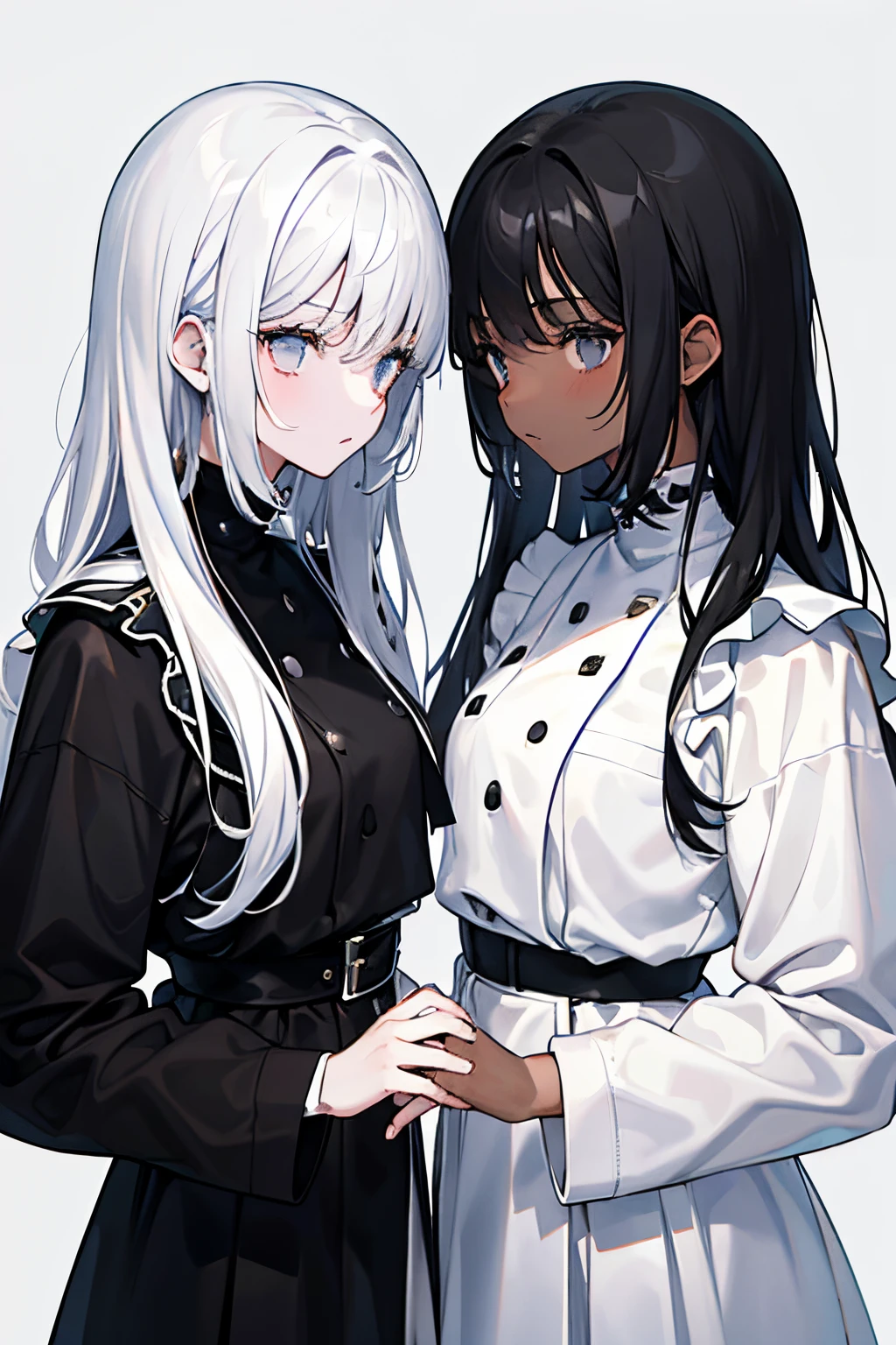 2girl, twins, one with white hair, dark skin, white eyes, and white clothes, other with black hair, black eyes, white skin, black clothes, dark abstract background,