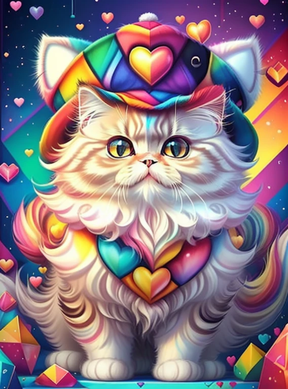 (cute baby persian cat with hat with lots hearts),(melhor pose),(best angle), (better expression), Eduardo Kobra acolchoamento ,multidimensional geometric wall PORTRAIT, arte, Chibi,
Yang08k, lindo, Colouring,
Primary works, qualidade superior, melhor qualidade, Arte Oficial, Beautiful and Aesthetic, pelos coloridos,