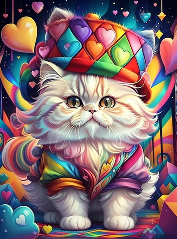 (cute baby persian cat with hat with lots hearts),(melhor pose),(best angle), (better expression), Eduardo Kobra acolchoamento ,multidimensional geometric wall PORTRAIT, arte, Chibi,
Yang08k, lindo, Colouring,
Primary works, qualidade superior, melhor qualidade, Arte Oficial, Beautiful and Aesthetic, pelos coloridos,