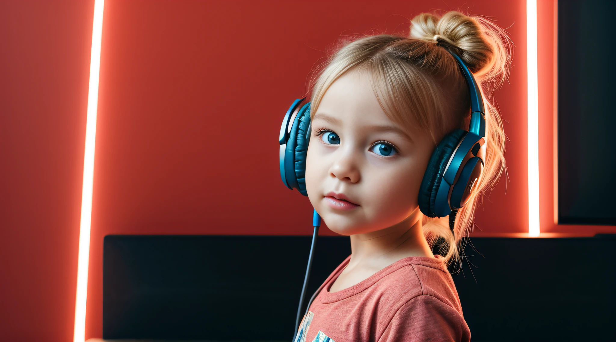 NEON HALO, CHILD GIRL BLONDE LONG HAIR, Headphone, fundo vermelho,