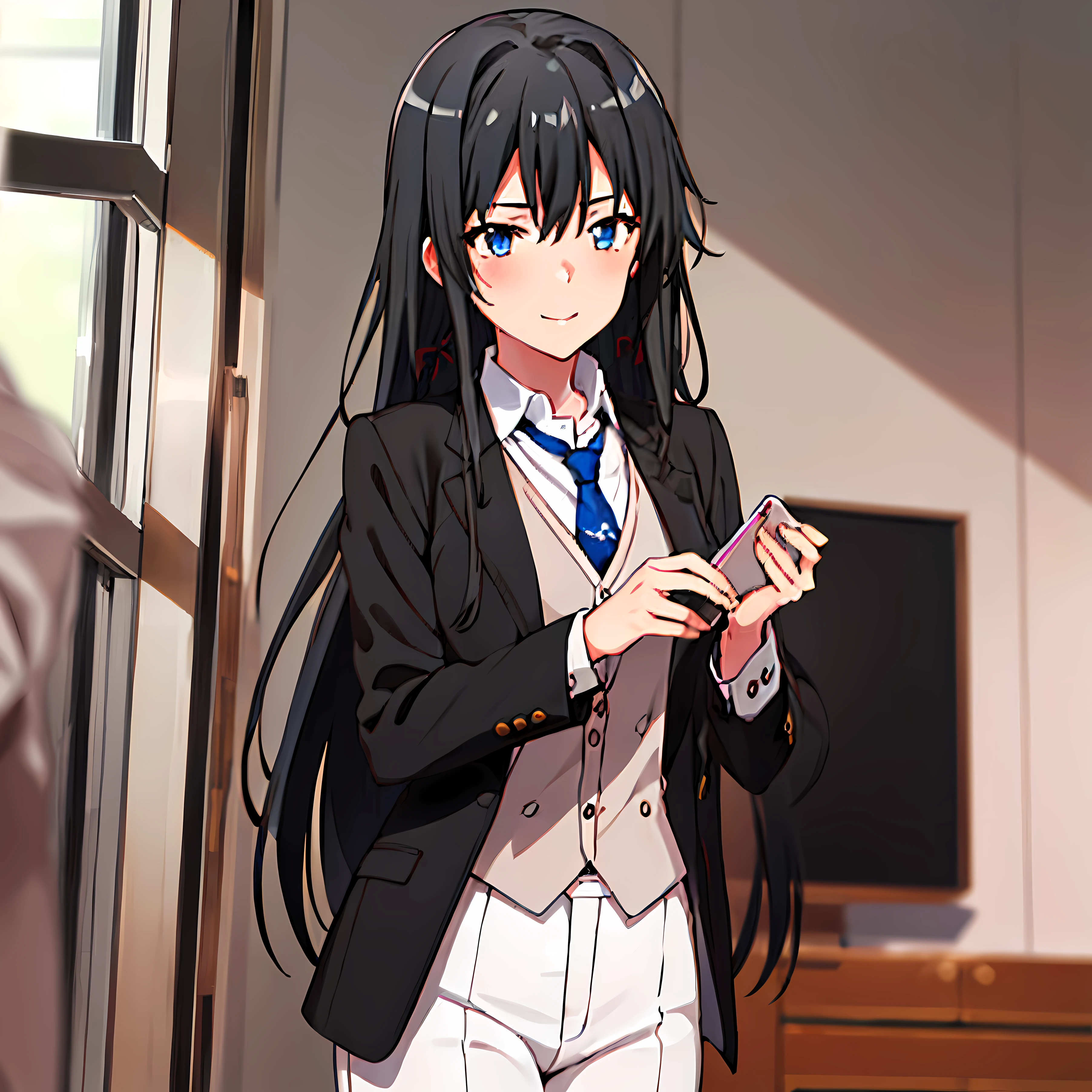 1GIRL , Yukinoshita yukino , Yukinoshita yukino,woman in formal attireactive suit tuxedo tailcoat standing in a large alcove in the room, 1girl, solo, necktie, black hair, blue eyes, long hair, smile, jacket, looking at viewer, shirt, pants, blue necktie, collared shirt, white pants, white shirt, indoors, bangs, long sleeves, closed mouth, window, black jacket, blush, cowboy shot, formal, suit, full body
