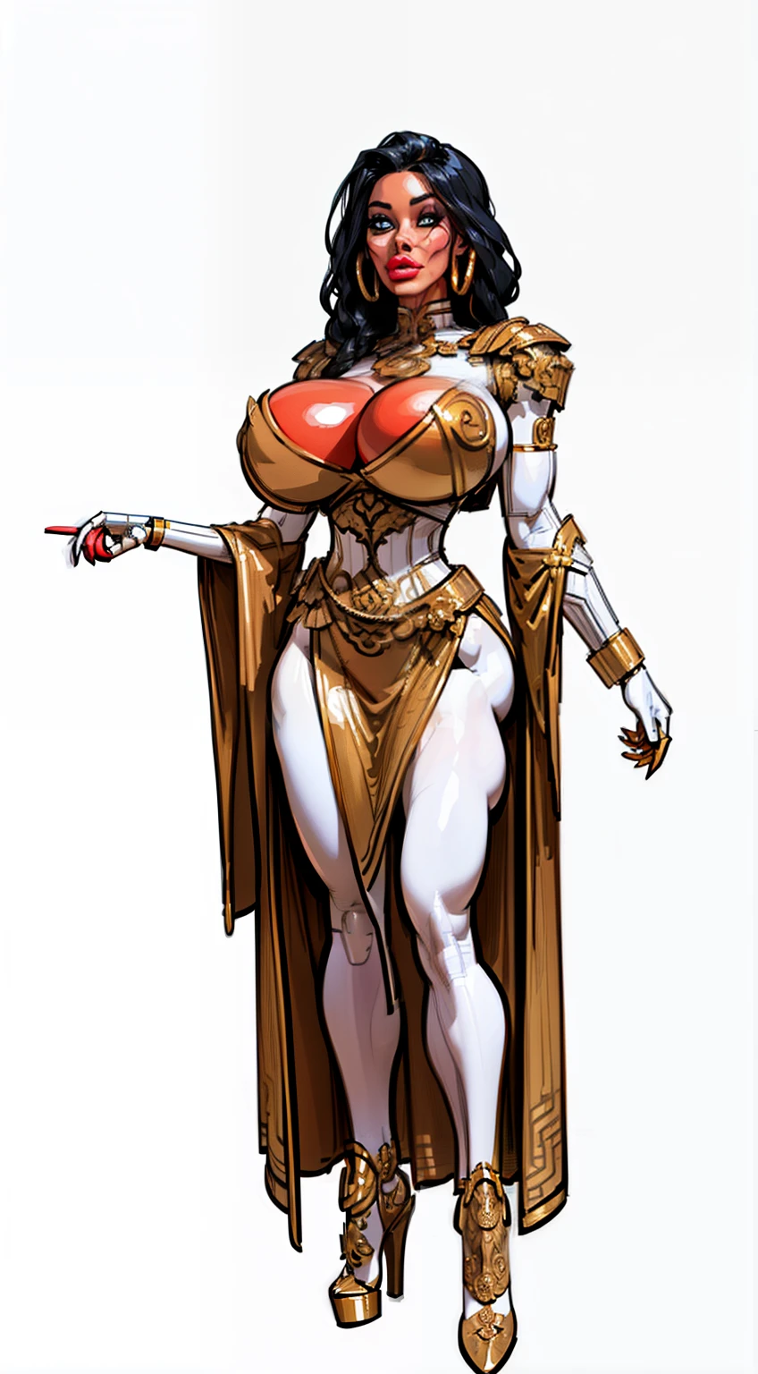 ((hovering intricate metal pieces around woman)), ((masterpiece)),(((best quality))),((character design sheet)), ((full body view)) ((cyberpunk empress)) mature face, ((middle eastern eyes:1.4)), ((gold cybernetic gown)), (((intricate futuristic breastplate))), defined cheekbones, high cheekbones, illustration, muscular, ((cyber gold:1.4)), sexy bimbo, (gigantic breasts:1.7) black hair, ((detailed face:1.4)) beautiful woman, (Chinese:1.4) , colored skin, ((white skin:1.4)) , (red lipstick:1.4), shiny skin, scribbles and marks,(puffy lips:1.4) , rough sketches, pose, 8k,16k, (simple background, white background: 1.3) ((warm color palette)), ((cyberpunk aesthetic))