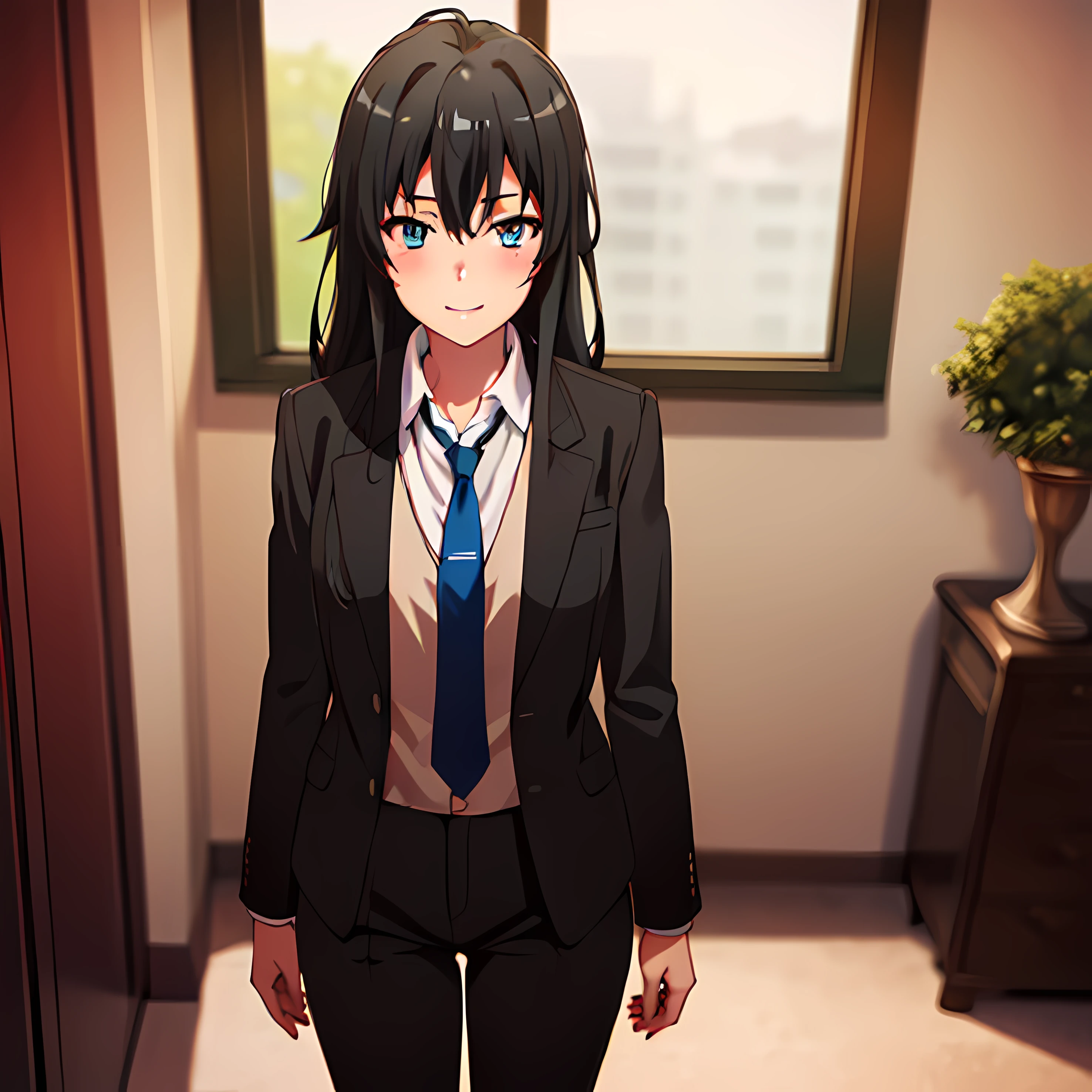 1GIRL , Yukinoshita yukino , Yukinoshita yukino,woman in formal attireactive suit tuxedo tailcoat standing in a large alcove in the room, 1girl, solo, necktie, black hair, blue eyes, long hair, smile, jacket, looking at viewer, shirt, pants, blue necktie, collared shirt, white pants, white shirt, indoors, bangs, long sleeves, closed mouth, window, black jacket, blush, cowboy shot, formal, suit, full body
