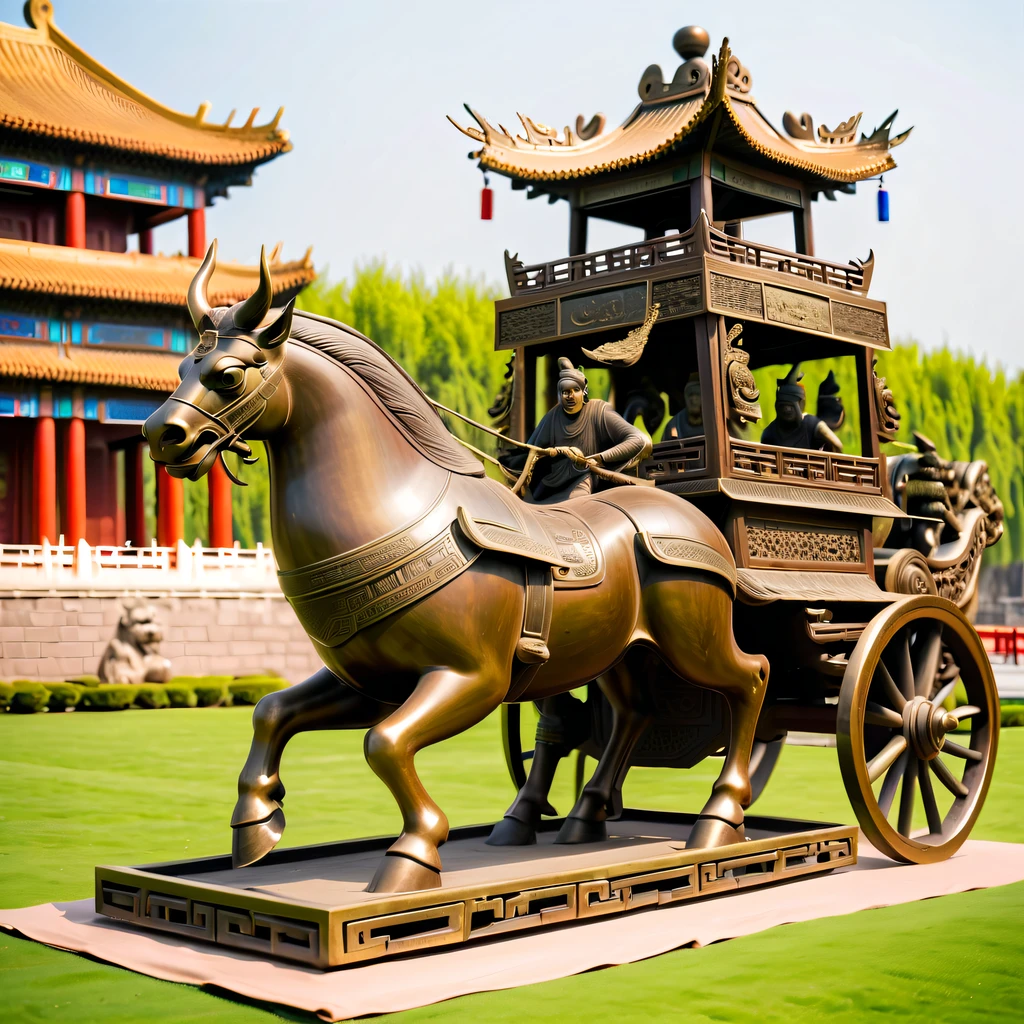 (Best quality at best,4K,A high resolution,ultra - detailed,actual:1.2),Ancient Chinese Bronze Theme Park，Ancient Chinese bronzes，Huge ancient bronze chariot on the lawn