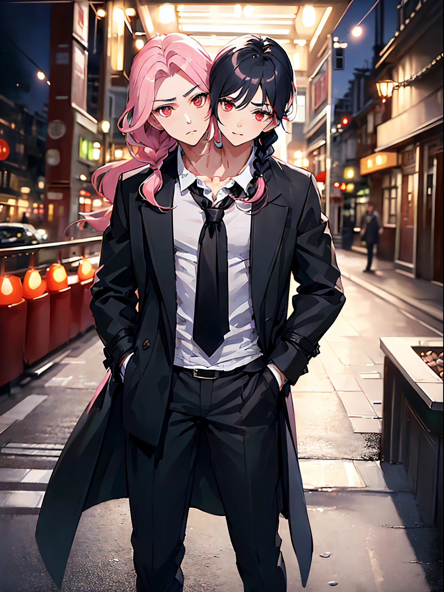 (2heads:1.5), 1girl, 1boy, solo, red eyes, black hair, pink hair, braid, long hair, (handsome:1.7), (masculine:1.7), (masterpiece), (high quality), (best resolution), serious, looking at viewer, night, city, beautiful background, (holding a weapon:1.1), hand on hip, (black trench coat)