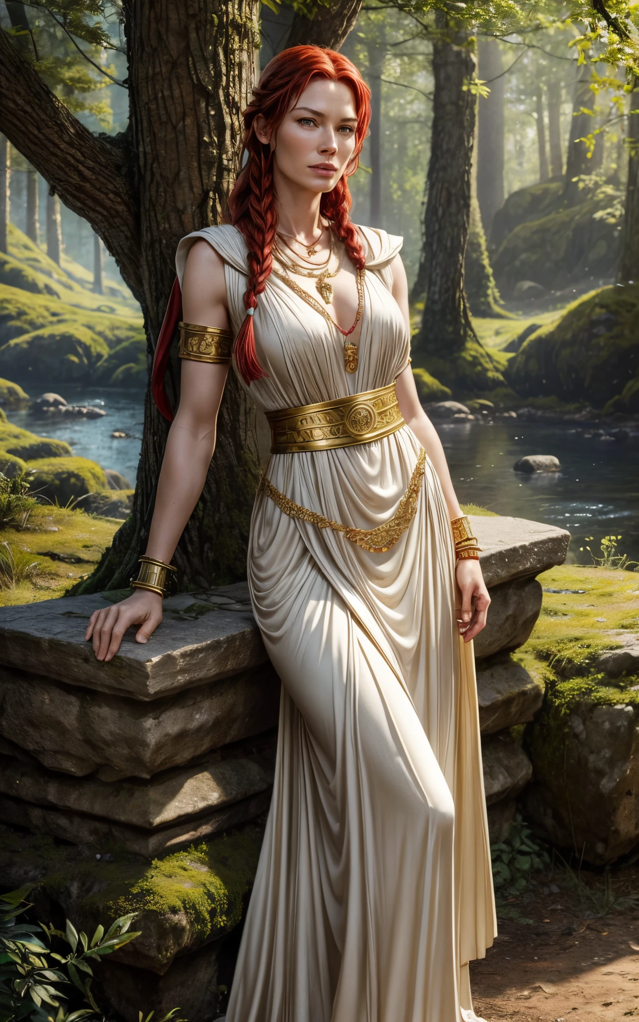 Flamme, Lena Headey:Evangeline Lilly, A 35-year-old woman with red hair, green eyes, sideburns, one large braid, a gold necklace with a ruby pendant, dressed in a white Greek tunic and Roman sandals, with gold bracelets on her arms, forest in the background, masterpiece, hyperdetailed,
