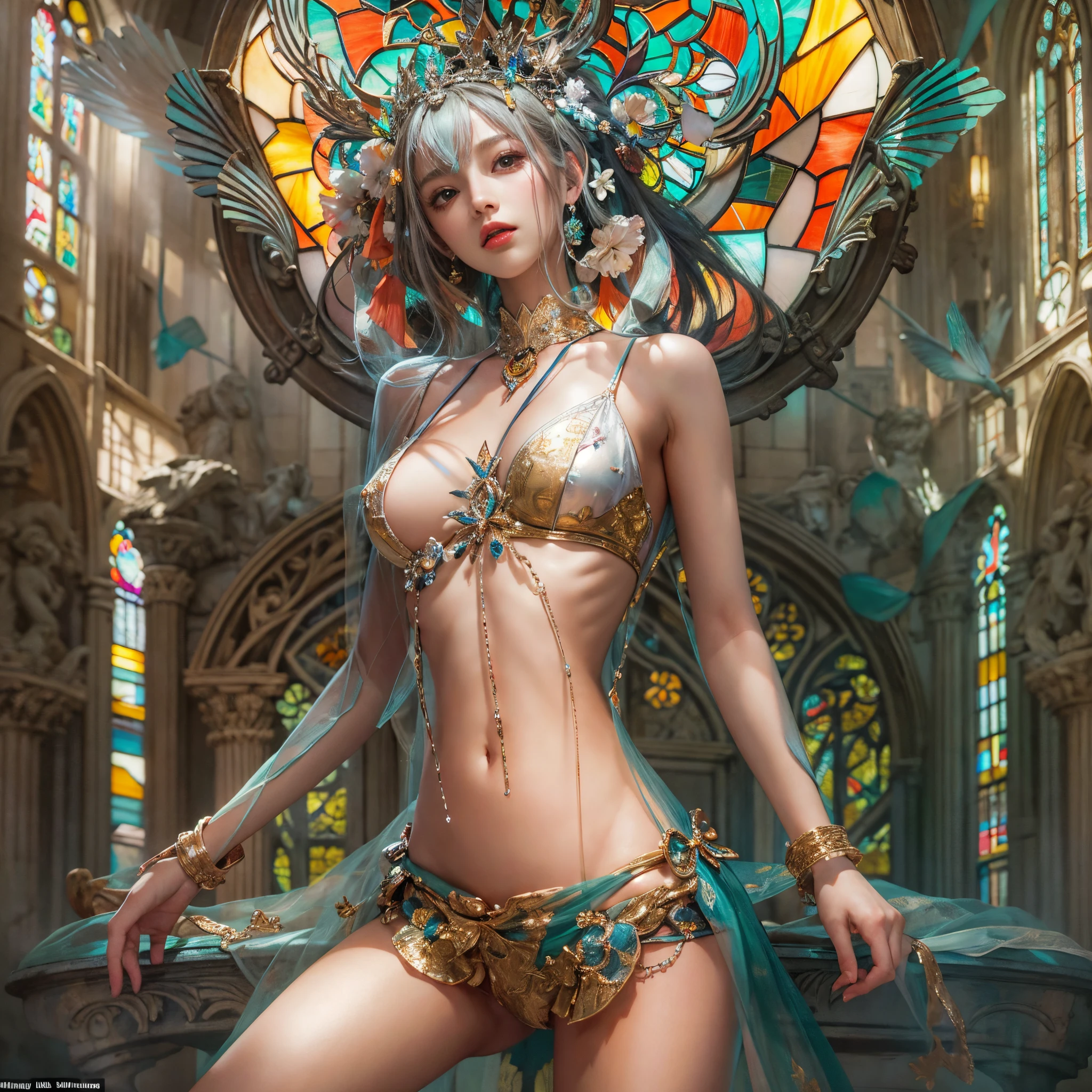 ( Masterpiece:1.25, exposed:1.2, White and vivid colors, navel),  (sexy junior idol), ((face variations)), portrayed in the best quality and high resolution. The image should be ultra-detailed, realistic, and photorealistic with a touch of rawness. back lighting, colorful Light shines through delicate stained glass. The medium can be a combination of photography and concept art. The color tone should be vibrant and vivid, enhancing the overall visual impact. (Whole Body proportions and all limbs are anatomically accurate), (nipple:-0.9) .