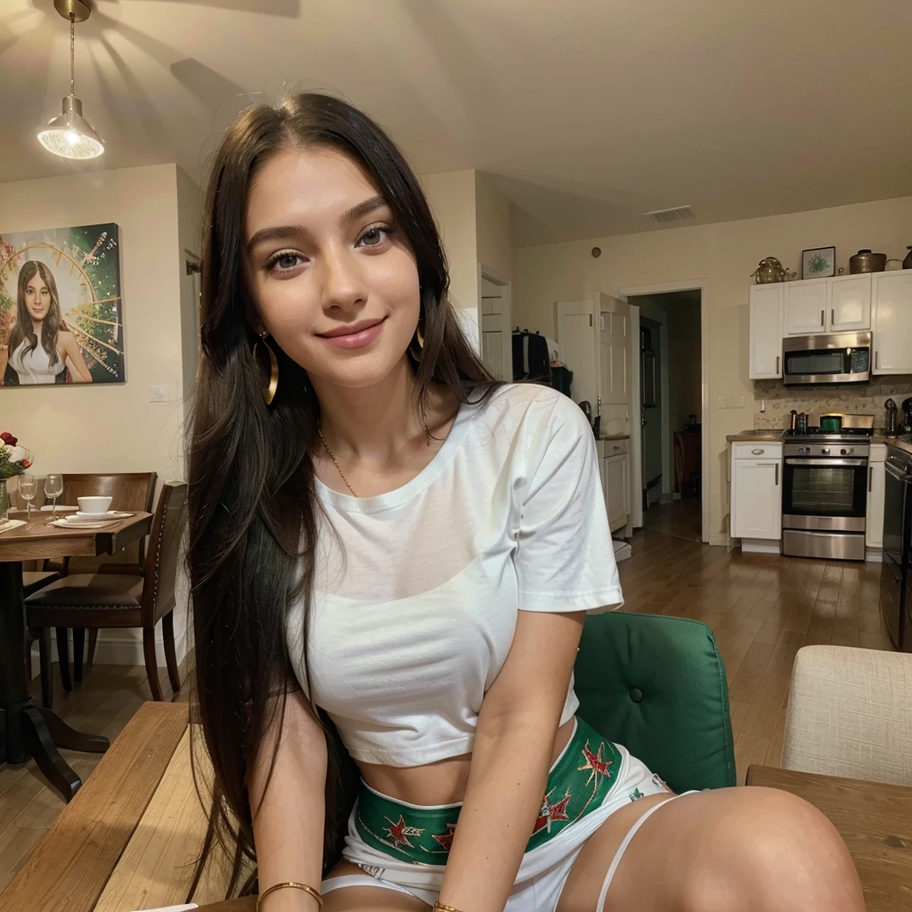 A girl, Hanna, a 21-year-old girl, 1.70 meters tall, weighs 49kg, has very long straight hair colored dark purple, has large green eyes, dressed in a white embroidered t-shirt and black leggings, she often wears gold earrings and bracelets, she always has a smartwatch on her wrist, sitting at dinner in the dining room with the table full of food and Christmas decorations with lit candles that illuminate the table, in the background behind the girl you can see a part of the kitchen lit together to various pieces of furniture and colorful paintings hanging on the walls, smiling, ultra realistic style, seed 3978045937