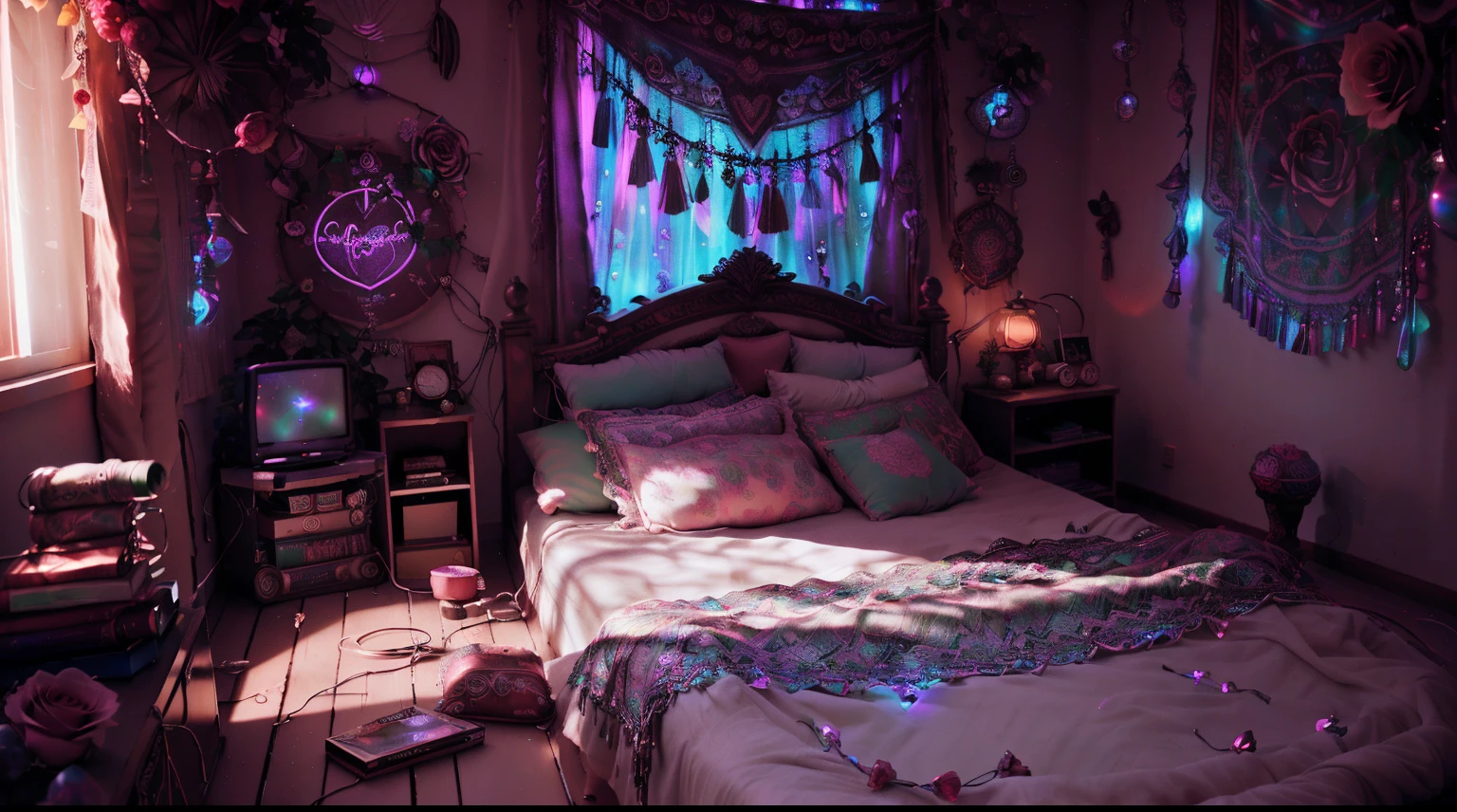 ((Superior quality,UHD,Masterpeice)), roses, 90's style bedroom, ink drip, glimmer, bokeh, prism crystalloluminescence lighting, bohoai