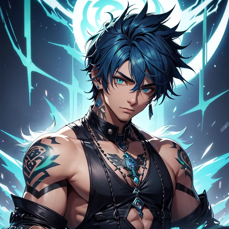 Young man, blue shaggy wolf cut, emerald eyes, handsome, multiple piercings in ear, tattoos, playing video games