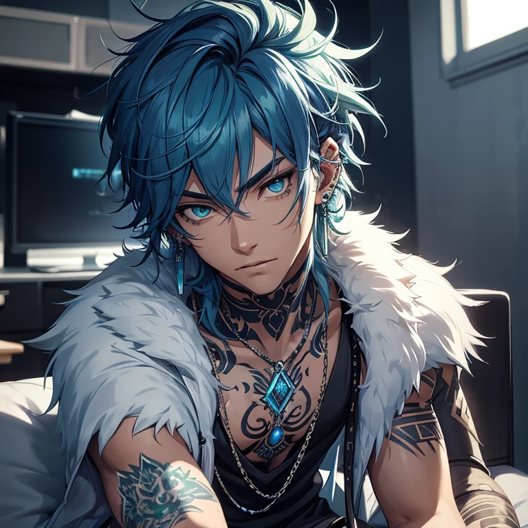 Young man, blue shaggy wolf cut, emerald eyes, handsome, multiple piercings in ear, tattoos, playing video games