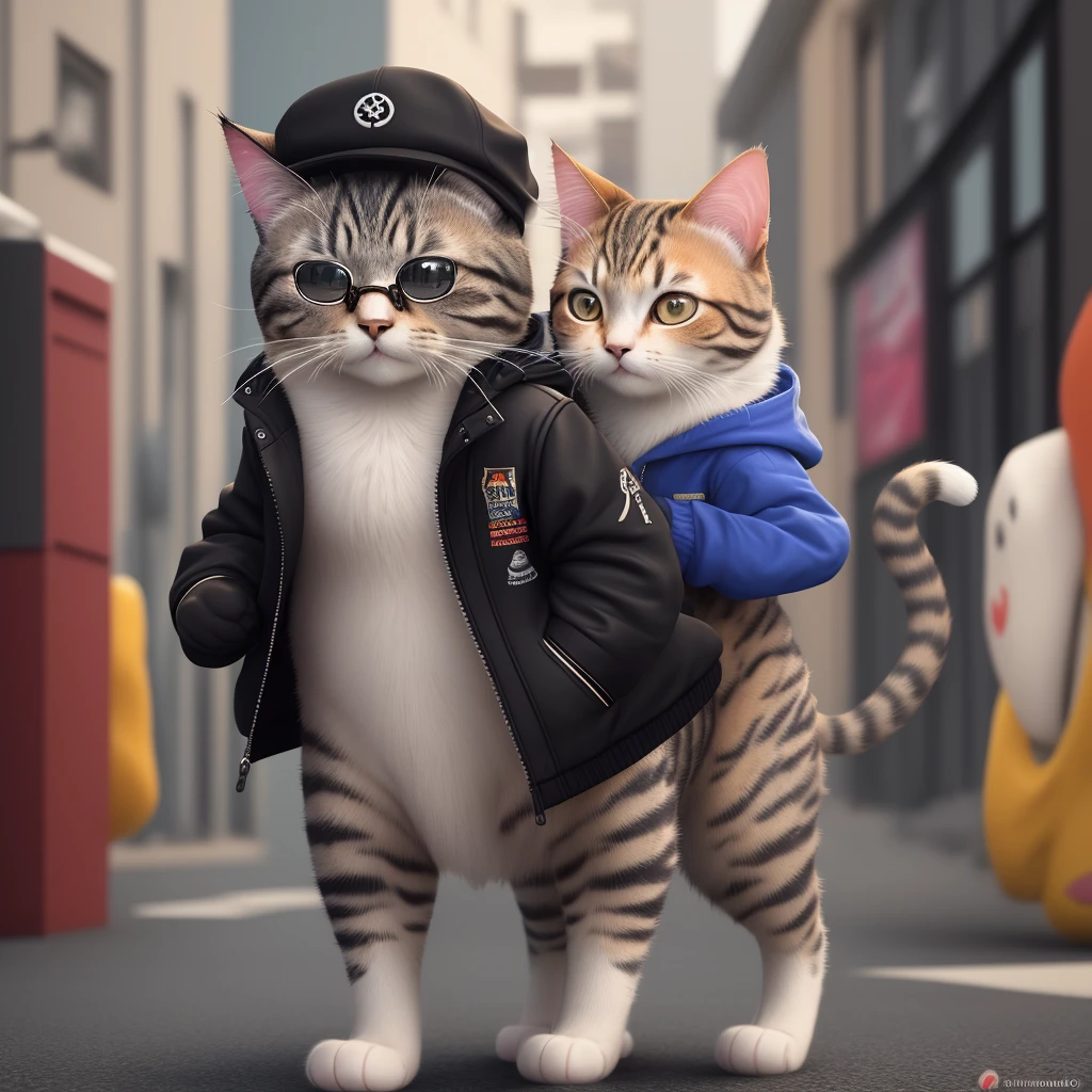 there is a cat wearing a cap and jacket with glasses, arte digital detalhada bonito, gato cyberpunk, bela arte digital, painting digital adorable, Arte digital peluda, Fursona usando roupas estilosas, Retrato de personagem peludo, Artista peludo, design do gato, Vestido casualmente, bonito 3 d render, Arte digital alucinante, Arte peluda, anthropomorphic cat, olhando heckin legal e elegante