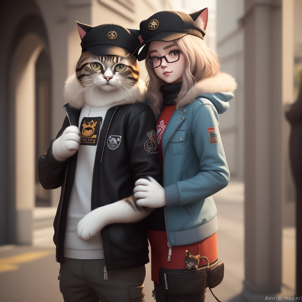 there is a cat wearing a cap and jacket with glasses, arte digital detalhada bonito, gato cyberpunk, bela arte digital, painting digital adorable, Arte digital peluda, Fursona usando roupas estilosas, Retrato de personagem peludo, Artista peludo, design do gato, Vestido casualmente, bonito 3 d render, Arte digital alucinante, Arte peluda, anthropomorphic cat, olhando heckin legal e elegante