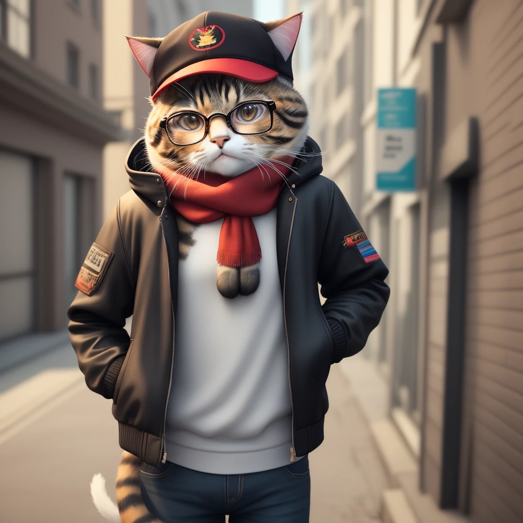 there is a cat wearing a cap and jacket with glasses, arte digital detalhada bonito, gato cyberpunk, bela arte digital, painting digital adorable, Arte digital peluda, Fursona usando roupas estilosas, Retrato de personagem peludo, Artista peludo, design do gato, Vestido casualmente, bonito 3 d render, Arte digital alucinante, Arte peluda, anthropomorphic cat, olhando heckin legal e elegante