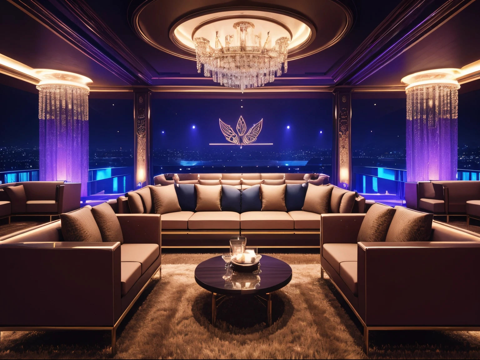 VIP area of a luxury party. sofa, mesa, bebidas. Imagem realista, alta qualidade, objetos perfeitos, 8k.