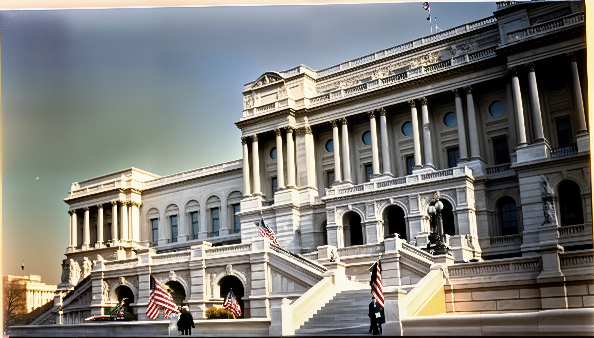 there is a large building with a flag on top of it, library of congress, capitol building, government archive, national archives, photo courtesy museum of art, capitol hill, government archive photograph, front view 1 9 9 0, white house archives, photo taken in 1989, classified government archive, a middle-shot from front