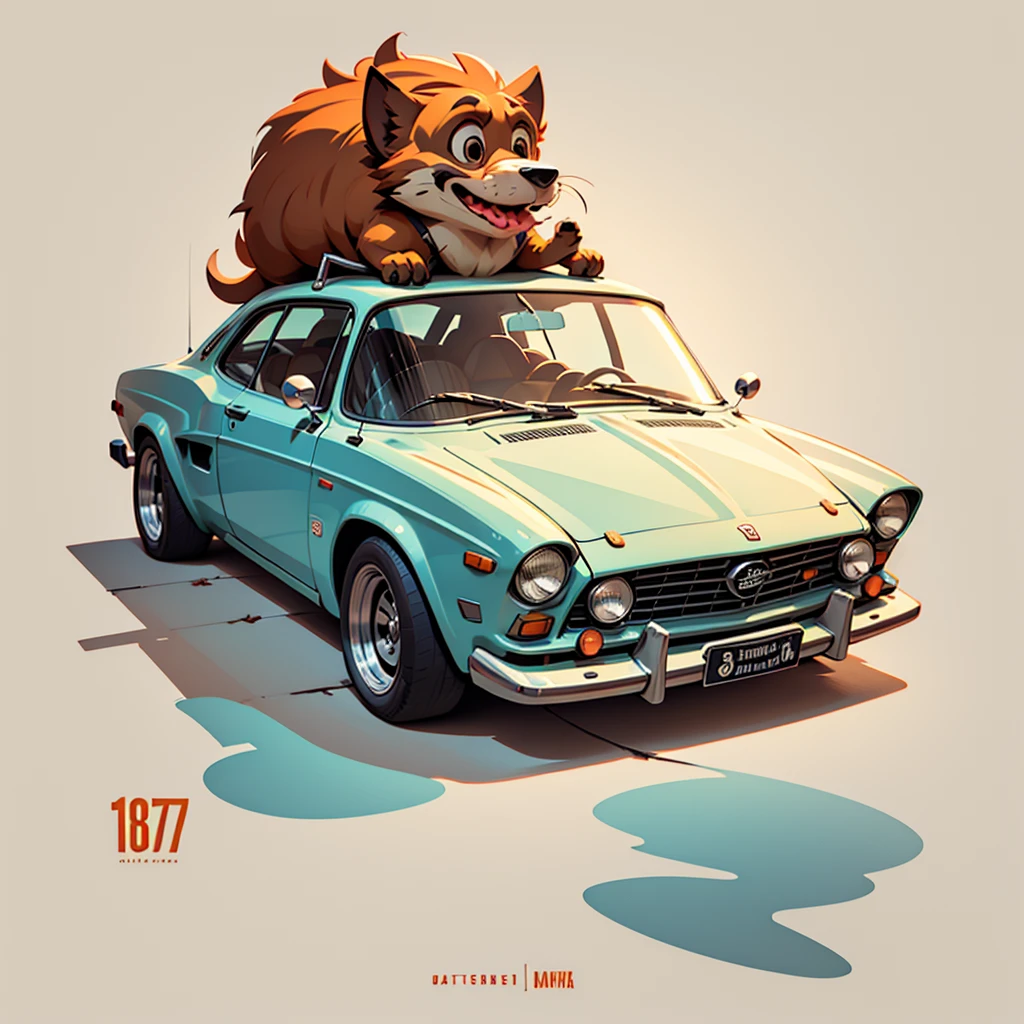 carro Datsun 180-j 1975 cor laranja, com prancha de surf no topo, Highly detailed illustration.", Vehicle illustration, Cartoon style illustration, estilo dos desenhos animados, hd illustration, Ultra-detailed illustration, vector illustration, Hiper real altamente detalhado, Highly detailed illustration, High detail illustration, Retro illustration, Caricatura altamente detalhada, Artistic illustration, Arte vetorial altamente detalhada, a beautiful artwork illustration
