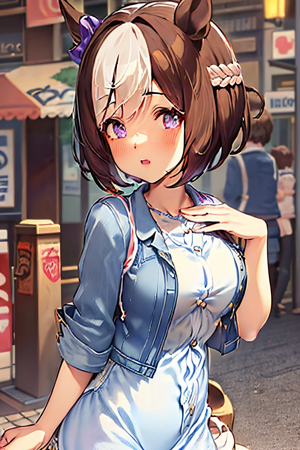 special_week_\(Umamusume)、bow ribbon、bow ribbon、bow ribbon、corsets、Fluffy breasts、nursing、toppless、teats、The upper part of the body、(Refers to the viewer:1.3)、Happiness、(Background in the city:1.3), short-hair, (denim jackets:1.5), (White Dress:1.5), Horse tail