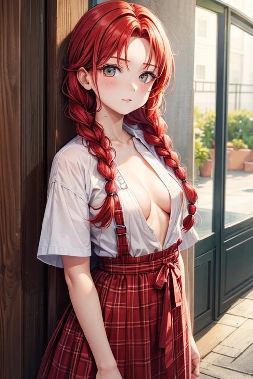 red hair girl with braids, small tits, bright eyes