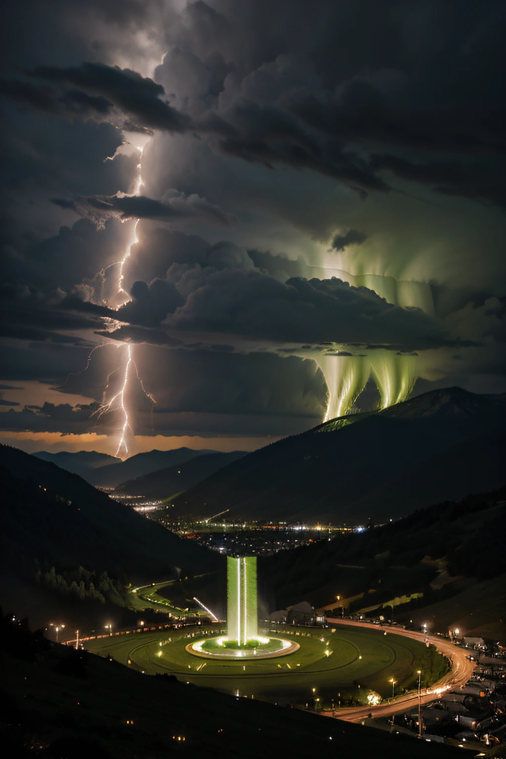 create the chloria of god in a city thunder rays in the middle of the mountains