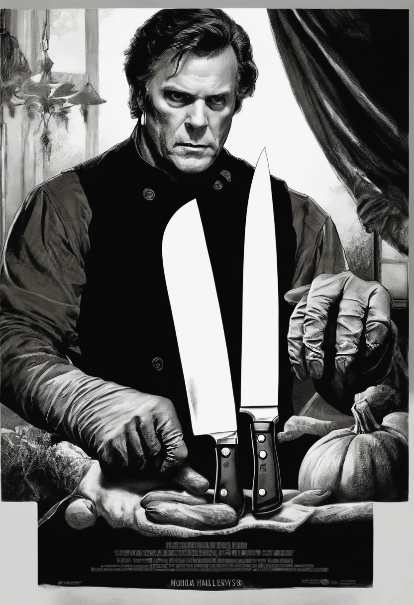 A photo of a pair of ominous, black gloves gripping a sharp kitchen knife,Halloween movie series,michael meyers, male