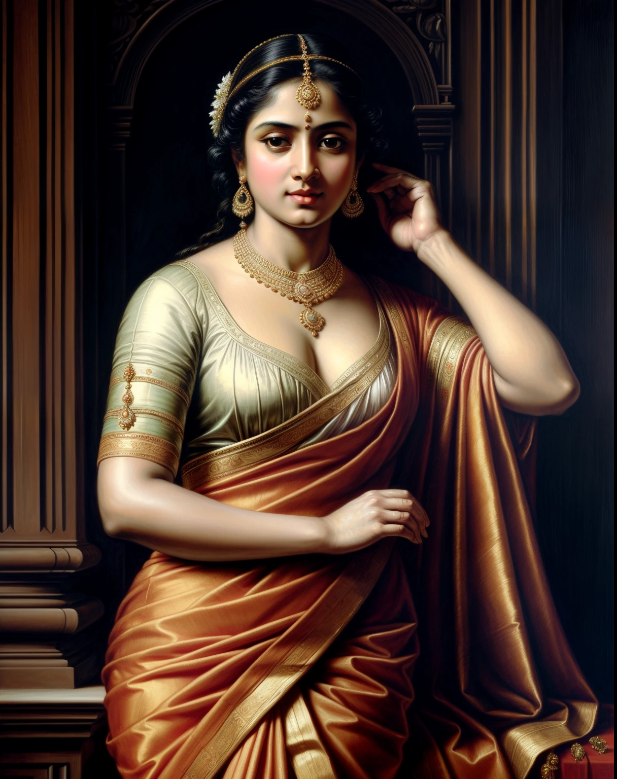 Beautiful Indian Woman, wearing saree, sari Beauty, gorgeous, Apsara, Maharani, royal queen woman, nymph from Hindu Mythology, Urvashi, matchless beauty, Highly detailed, Oil Painting by Peter Paul Rubens inspired by Raja Ravi Varma, Matchless beauty, captivating, gorgeous, heavenly beauty, celestial beauty, by Peter Paul Rubens, 1893, realistic, hyper realistic, micro details, incredible artwork, insane details, ultra High resolution, 8k, 32k, acrylic on canvas, intricate, flawless, detailed, detailed face, detailed eyes, masterpiece, by Peter Paul Rubens, by Caravaggio, by William Adolphe bouguereau, perfect face, perfect body, beautiful art, realism, baroque, renaissance Art, highly textured, beautiful and detailed eyes, uhd, best quality,