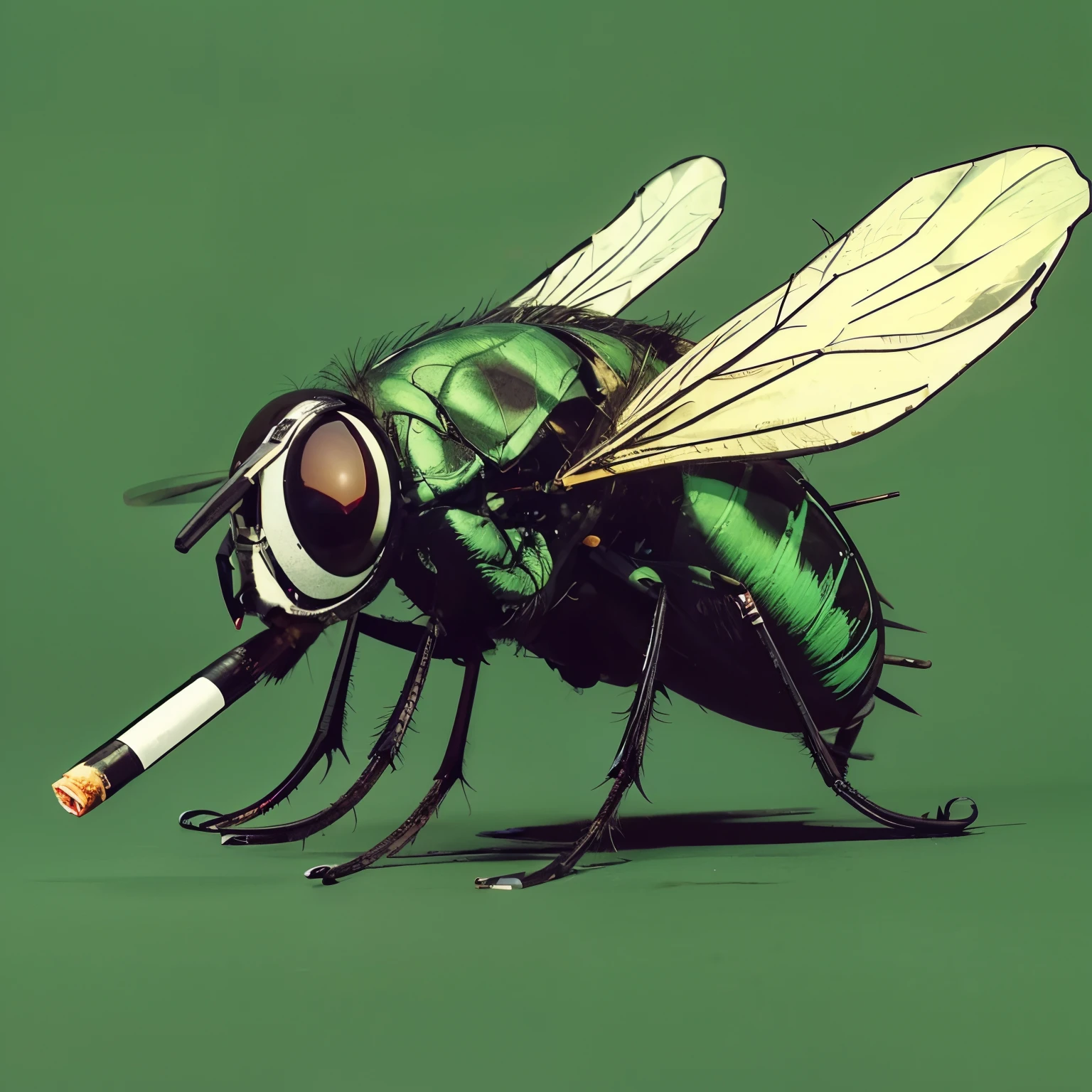 Map Studio, a detailed cartoon of a fly standing on its legs with its back against the wall, smoking!