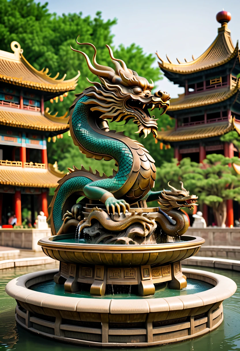 (Best quality at best,4K,A high resolution,ultra - detailed,actual:1.2),Ancient Chinese Bronze Theme Park,Ancient Chinese bronzes,Ancient bronze dragon fountain