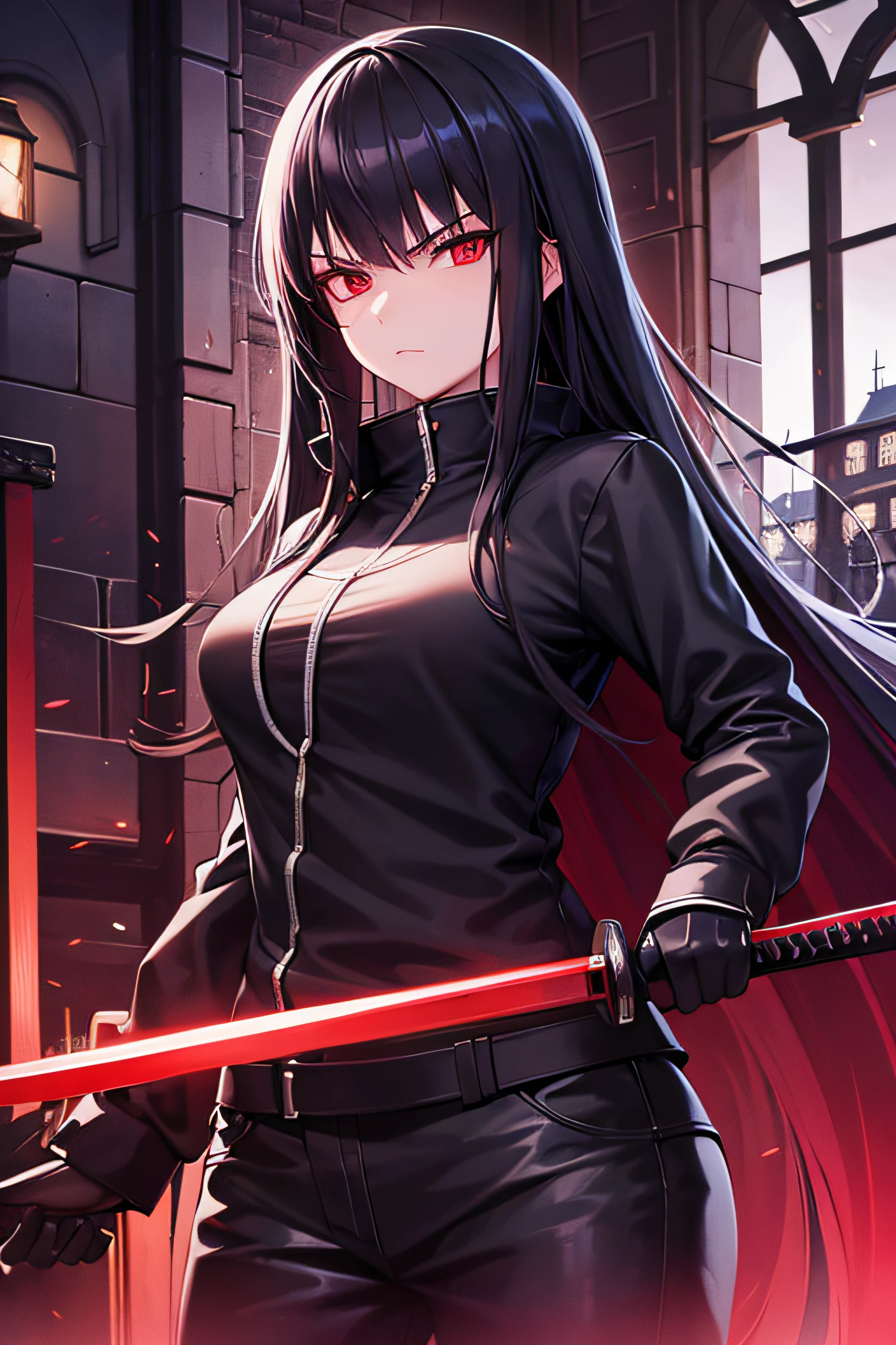 katana in hands, girl, dark clothes, cyberpunk, long hair, black hair, in a castle, harsh look, high quality, red eyes, hight quality