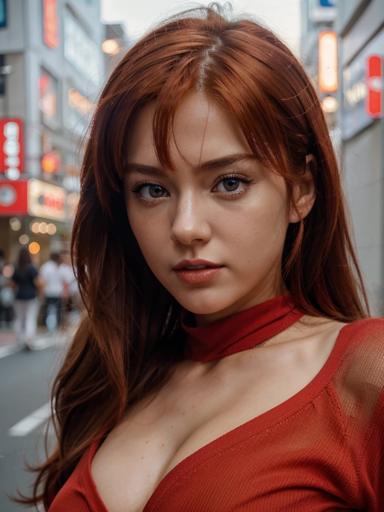 (best quality,highres),ultra-detailed,realistic,
beautiful detailed eyes,stunning fiery red hair,flawless fair skin, Asuka Langley Soryu, Asuka langley, Beautiful Pretty Mixed German Babe,
intense gaze, strong and confident allure expression ,thin red lips,
fierce attitude,
standing in the tokyo street
wearing a loose red outfit , accentuating her curves,
,
color palette with vibrant reds and cool blues,
dramatic lighting,casting shadows on her face,
artistic portrait style, combining realism and anime influences.