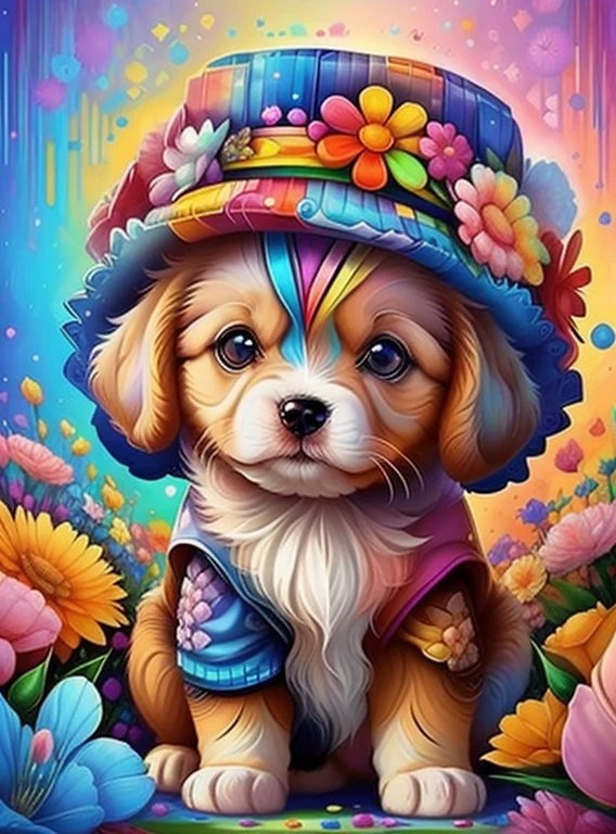 (cute baby puppy with hat with flowers),(melhor pose),(best angle), (better expression), Eduardo Kobra acolchoamento ,multidimensional geometric wall PORTRAIT, arte, Chibi,
Yang08k, lindo, Colouring,
Primary works, qualidade superior, melhor qualidade, Arte Oficial, Beautiful and Aesthetic, pelos coloridos,