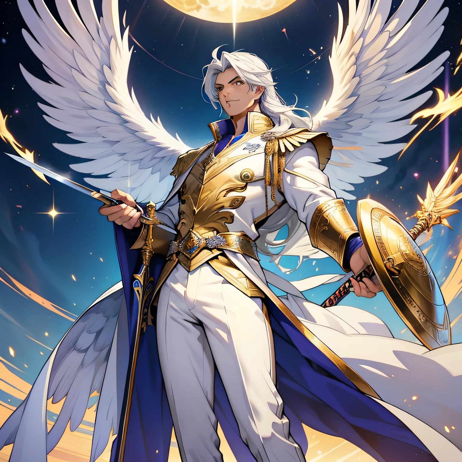 Archangel Michael is a handsome man, Stand at 7 feet tall. He has the structure of a kinetic body. He is dressed in a royal costume of silver and gold. He has beautiful long white silky hair and golden eye color. He is seen with the staff. He has huge white wings. Big bulge in his pants. White Phoenix human form. has a large sword and shield