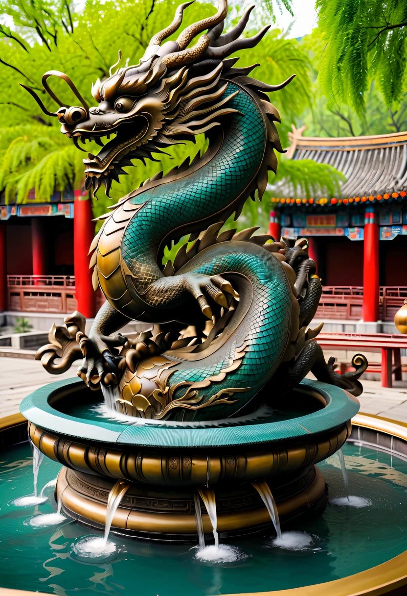 (Best quality,4K,A high resolution,ultra - detailed,actual:1.2),Ancient Chinese Bronze Theme Park,Ancient Chinese bronzes,Ancient bronze dragon fountain