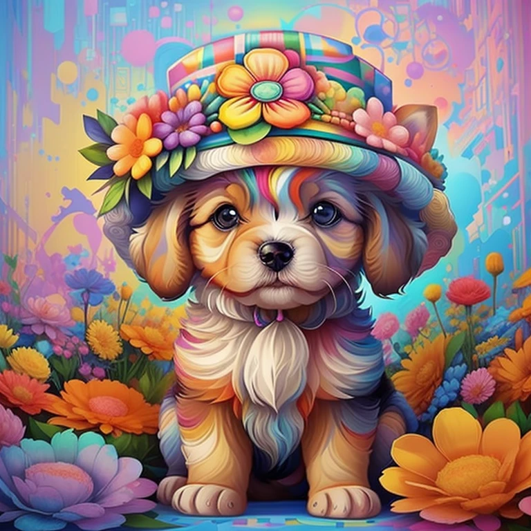 (cute baby puppy with hat with flowers),(melhor pose),(best angle), (better expression), Eduardo Kobra acolchoamento ,multidimensional geometric wall PORTRAIT, arte, Chibi,
Yang08k, lindo, Colouring,
Primary works, qualidade superior, melhor qualidade, Arte Oficial, Beautiful and Aesthetic, pelos coloridos,