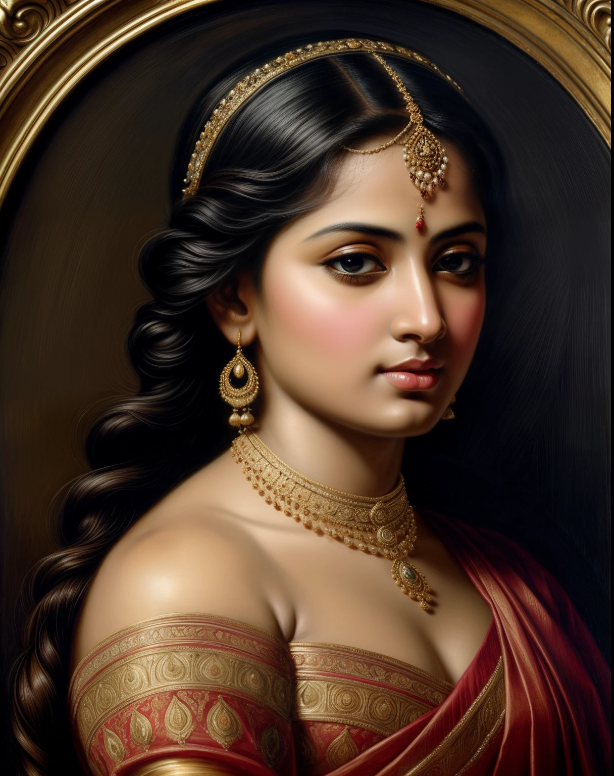 Beautiful Indian Woman, wearing saree, sari Beauty, gorgeous, Apsara, Maharani, royal queen woman, nymph from Hindu Mythology, Urvashi, matchless beauty, Highly detailed, Oil Painting by Peter Paul Rubens inspired by Raja Ravi Varma, Matchless beauty, captivating, gorgeous, heavenly beauty, celestial beauty, by Peter Paul Rubens, 1893, realistic, hyper realistic, micro details, incredible artwork, insane details, ultra High resolution, 8k, 32k, acrylic on canvas, intricate, flawless, detailed, detailed face, detailed eyes, masterpiece, by Peter Paul Rubens, by Caravaggio, by William Adolphe bouguereau, perfect face, perfect body, beautiful art, realism, baroque, renaissance Art, highly textured, beautiful and detailed eyes, uhd, best quality,