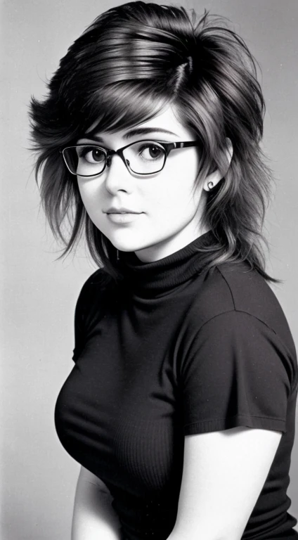 Realistic 80s photo on monochrome film; modest shy young plump Russian woman 38 years old, beautiful proportional round face, round cheeks, Round chin, Big shiny brown eyes, eyeglasses, beautiful proportional small snub nose, Parted plump sensual lips, Serious, calm pleasant smile, medium length brown thick tousled hair (80s punk hairstyle); nice little chubby body, very !!!Petite!!! firm breasts with large, erect, hard nipples (Nipple erection), without underwear, thin fitted turtleneck, embarrassed look at the camera, (upper-body), natural light; Monochrome image