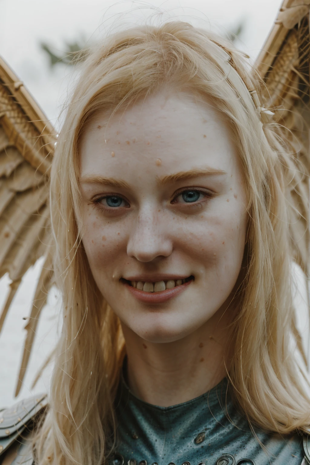 Ultra realistic photography of dbwl woman with many huge beauty marks on her natural pale white skin  ,    (medium shot:1.4) ,  (full body portrait:.6), 
 (SFW),  ((wings,( fractal armor))) , dressed, upper arms,   ((in frame)),

 ((fighting stance)),  natural (  pale light blonde eyelashes) , blue eyes, medieval background,
 detailed Natural pale white skin  with (many huge round beauty marks) , smile, light pale blonde eyebrows,
 happy, clean cheeks,
detailed, natural light blonde,  outdoors, sunny, high resolution, photograph, RAW photo, fr4ctal4rmor, [[sexy]]