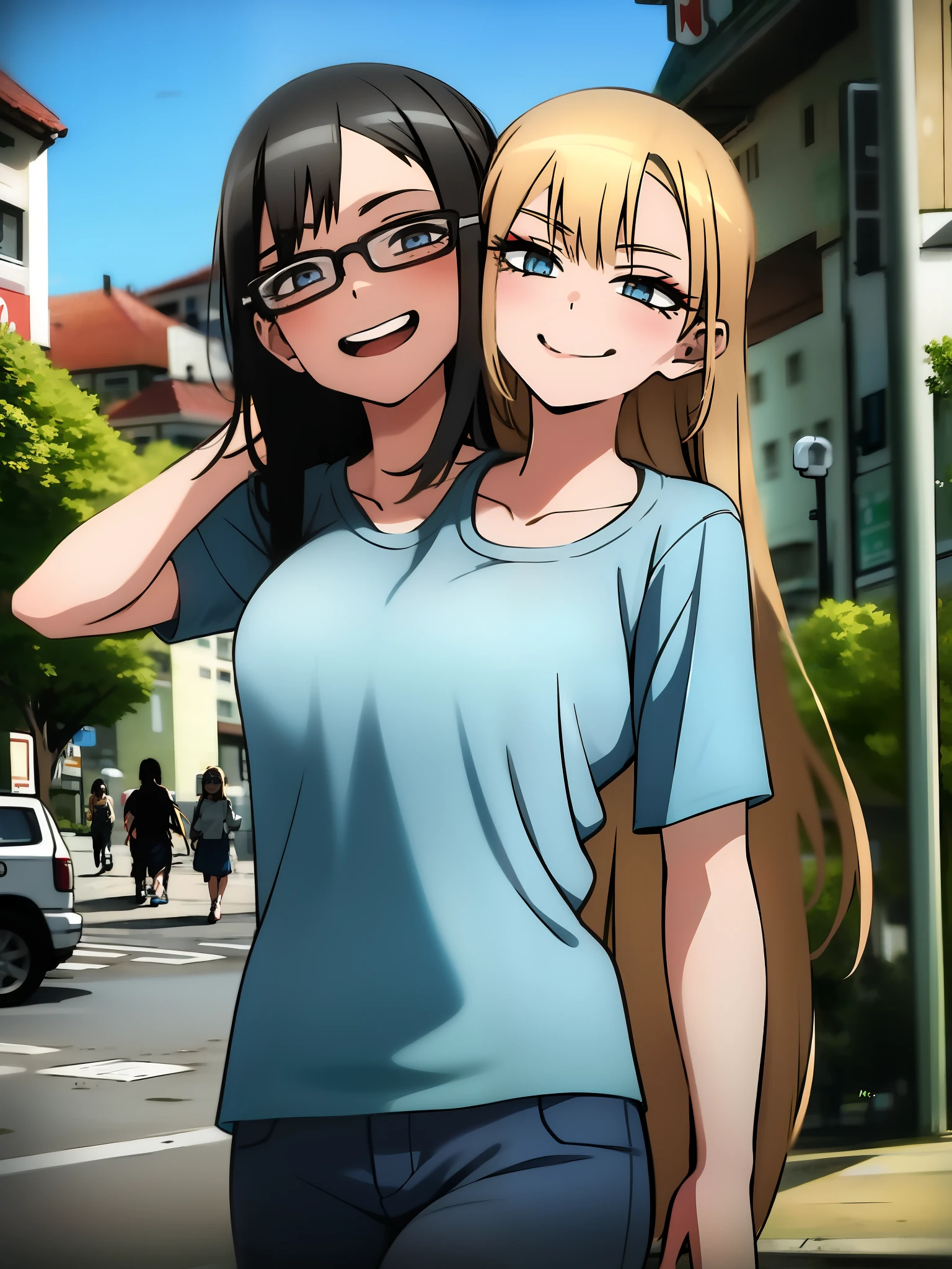 (2heads:1.7), 1girl, (Asuna), (marin), (1girl has black hair:1.3), (1girl has blonde hair:1.3) blue eyes, very long hair, t-shirt, jeans, walking, sidewalk, city, beautiful background, (masterpiece), (best quality), (absurdres), beautiful woman, glasses, smug, looking around