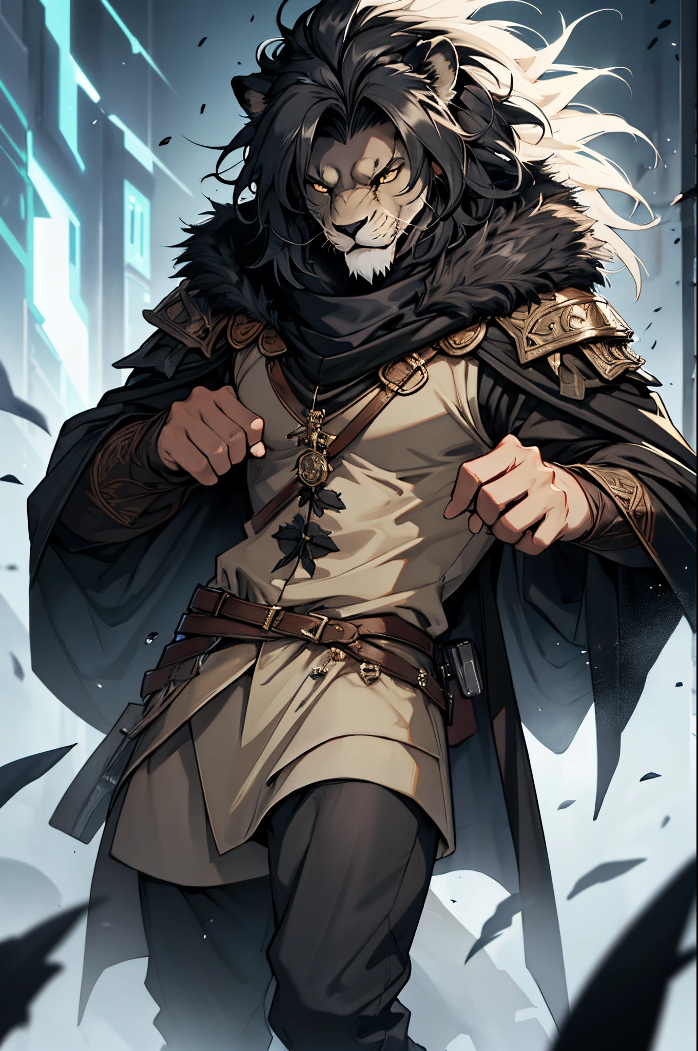 beste-Qualit, tmasterpiece, extra high resolution, Detailed, realisti, 独奏, Dark Fantasy, Depth of field, (Black Lion:1,5), leo, Leonine, D&D, in a black cloak, black skin, in scars and burns, black lion mane, Furry, lion on two legs, dressed as a warrior, in a dark cloak and hood, (dark fur of a lion:1,6), wool everywhere, lion skin