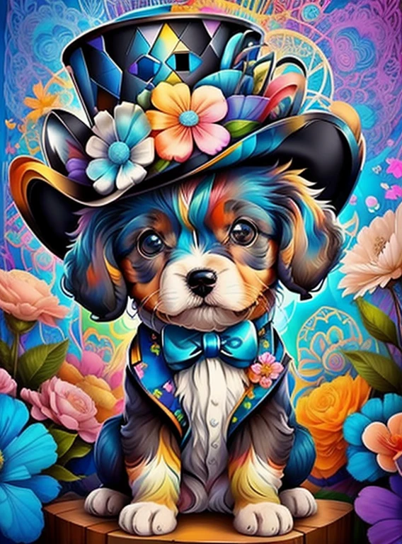 (cute baby puppy with blue top hat with flowers),(melhor pose),(best angle), (better expression), Eduardo Kobra acolchoamento ,multidimensional geometric wall PORTRAIT, arte, Chibi,
Yang08k, lindo, Colouring,
Primary works, qualidade superior, melhor qualidade, Arte Oficial, Beautiful and Aesthetic, pelos coloridos,