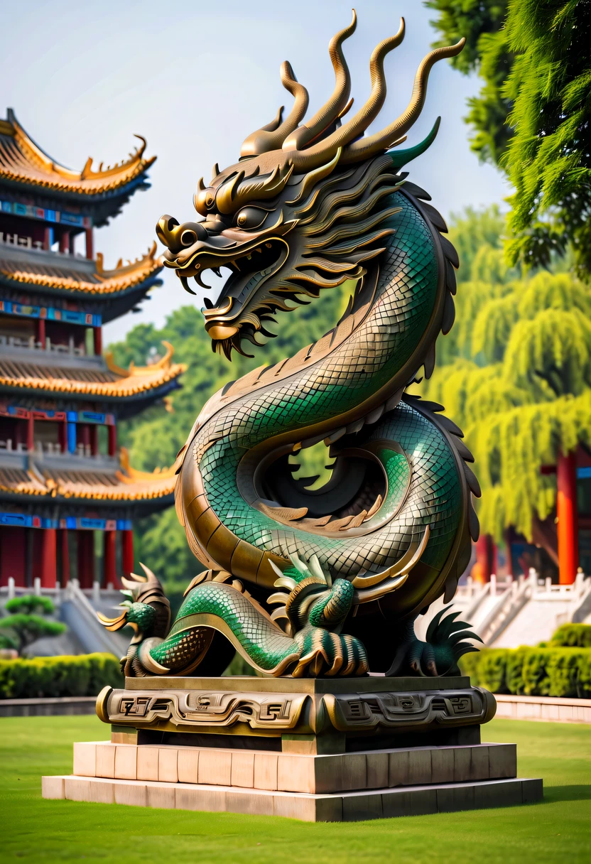 (Best quality at best,4K,A high resolution,ultra - detailed,actual:1.2),Ancient Chinese Bronze Theme Park,Ancient Chinese bronzes,Huge ancient bronze totem dragon pillar on the lawn