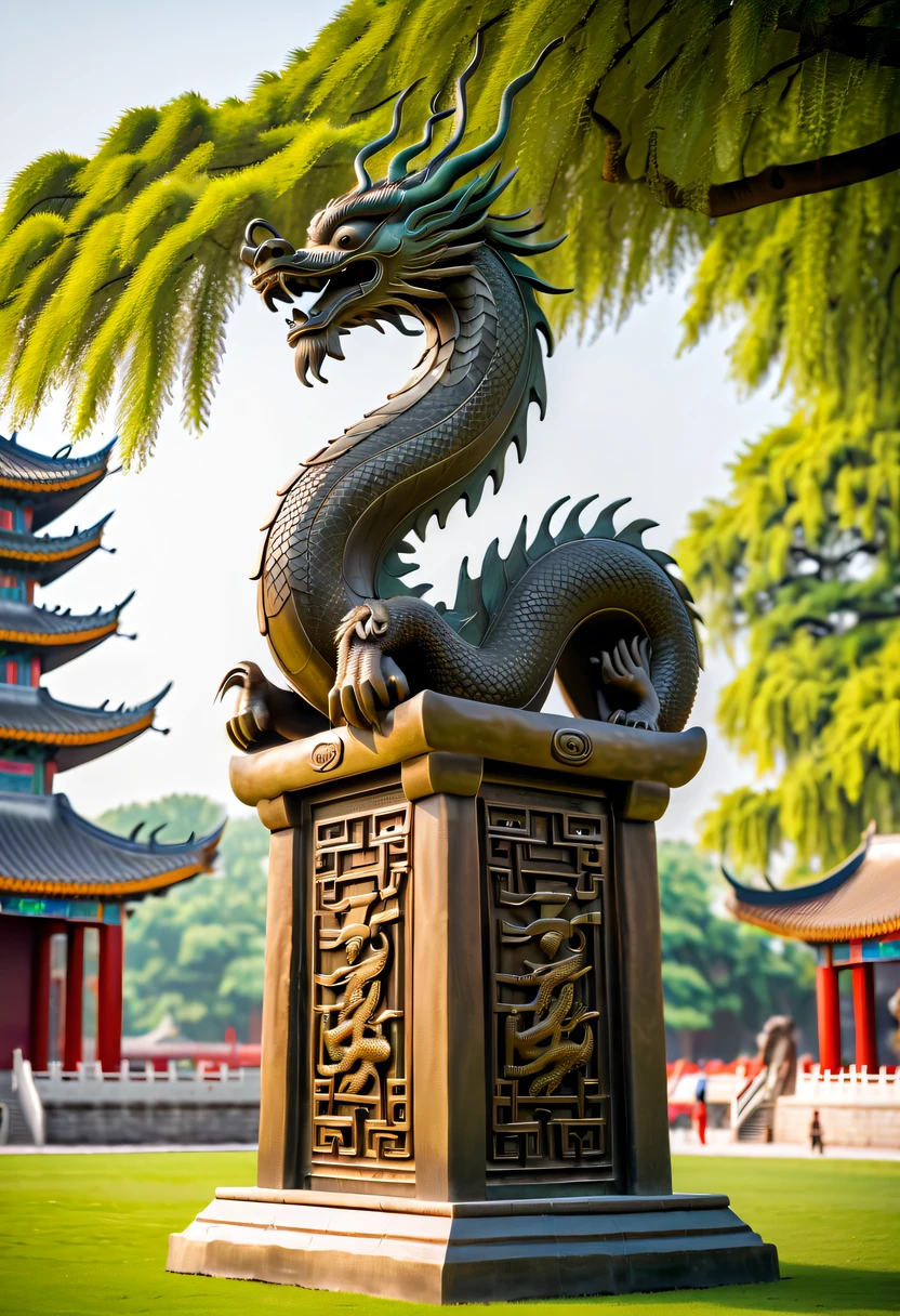 (Best quality at best,4K,A high resolution,ultra - detailed,actual:1.2),Ancient Chinese Bronze Theme Park，Ancient Chinese bronzes，Huge ancient bronze totem dragon pillar on the lawn
