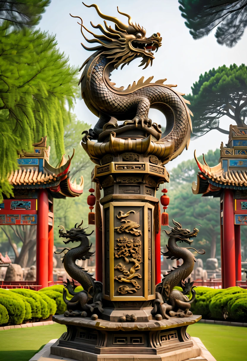 (Best quality at best,4K,A high resolution,ultra - detailed,actual:1.2),Ancient Chinese Bronze Theme Park，Ancient Chinese bronzes，Huge ancient bronze totem dragon pillar on the lawn