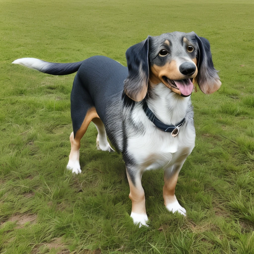 Long fur dachshund, (((Masterpiece, 8K, highest precision,))) Black tan, black: 1.5 and brown: 0.3, (((Long fur, long wavy fur)) long fluffy hair, (Short legs,))) mouth open, tongue out, heavy breathing, laughing face, on the grass of the sports park, strong sunlight, sun,