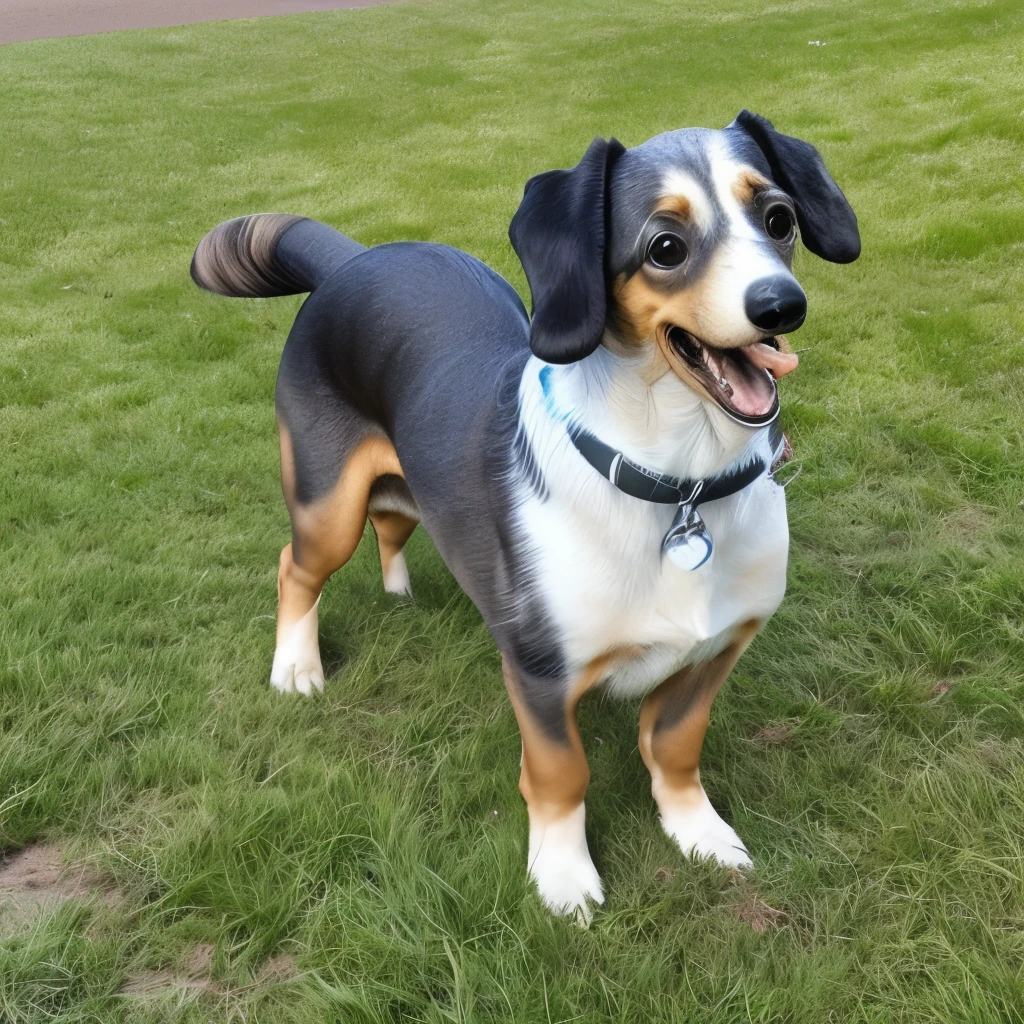 Long fur dachshund, (((Masterpiece, 8K, highest precision,))) Black tan, black: 1.5 and brown: 0.3, (((Long fur, long wavy fur)) long fluffy hair, (Short legs,))) mouth open, tongue out, heavy breathing, laughing face, on the grass of the sports park, strong sunlight, sun,
