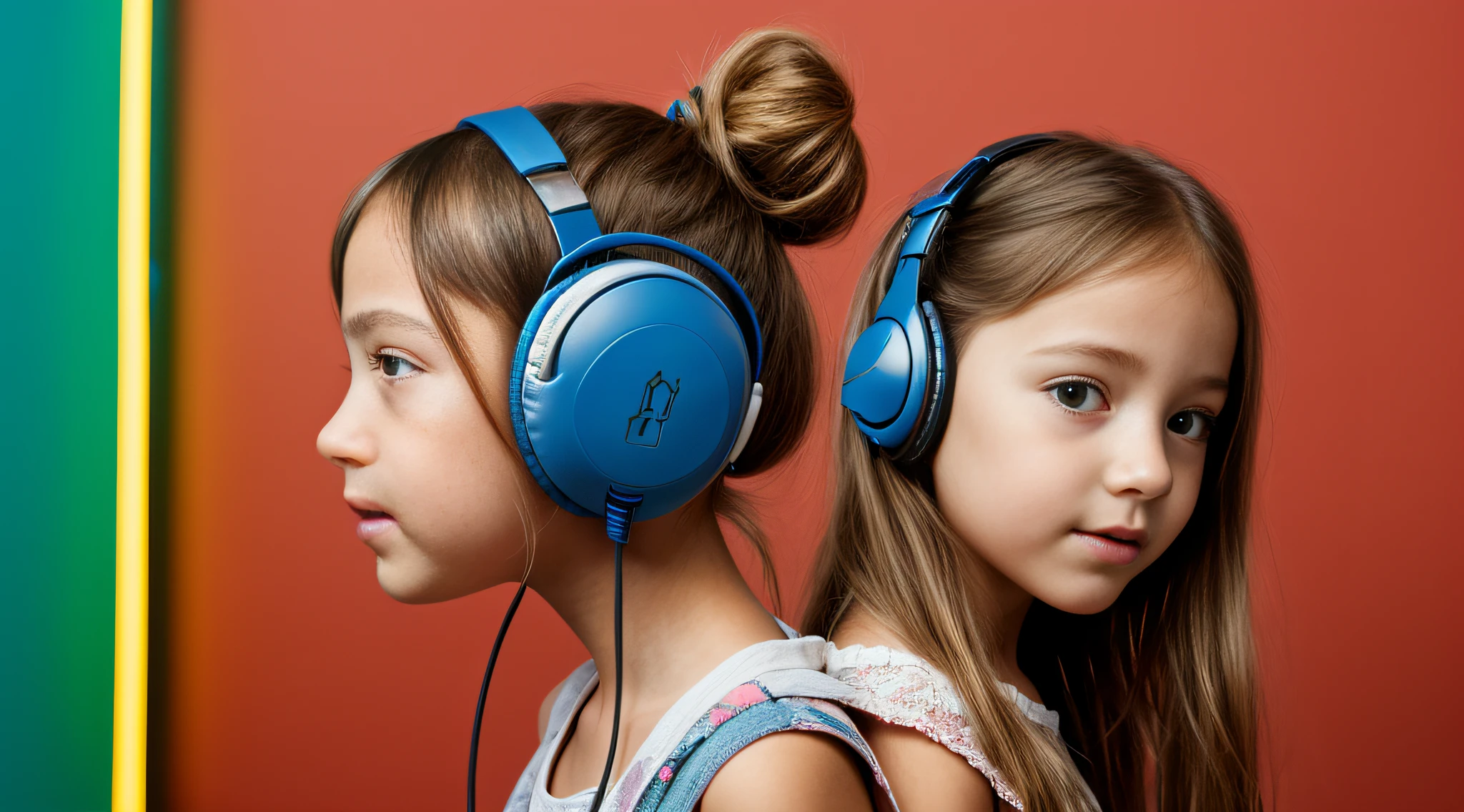 NEON HALO, CHILD GIRL BLONDE LONG HAIR, Headphone, fundo vermelho,