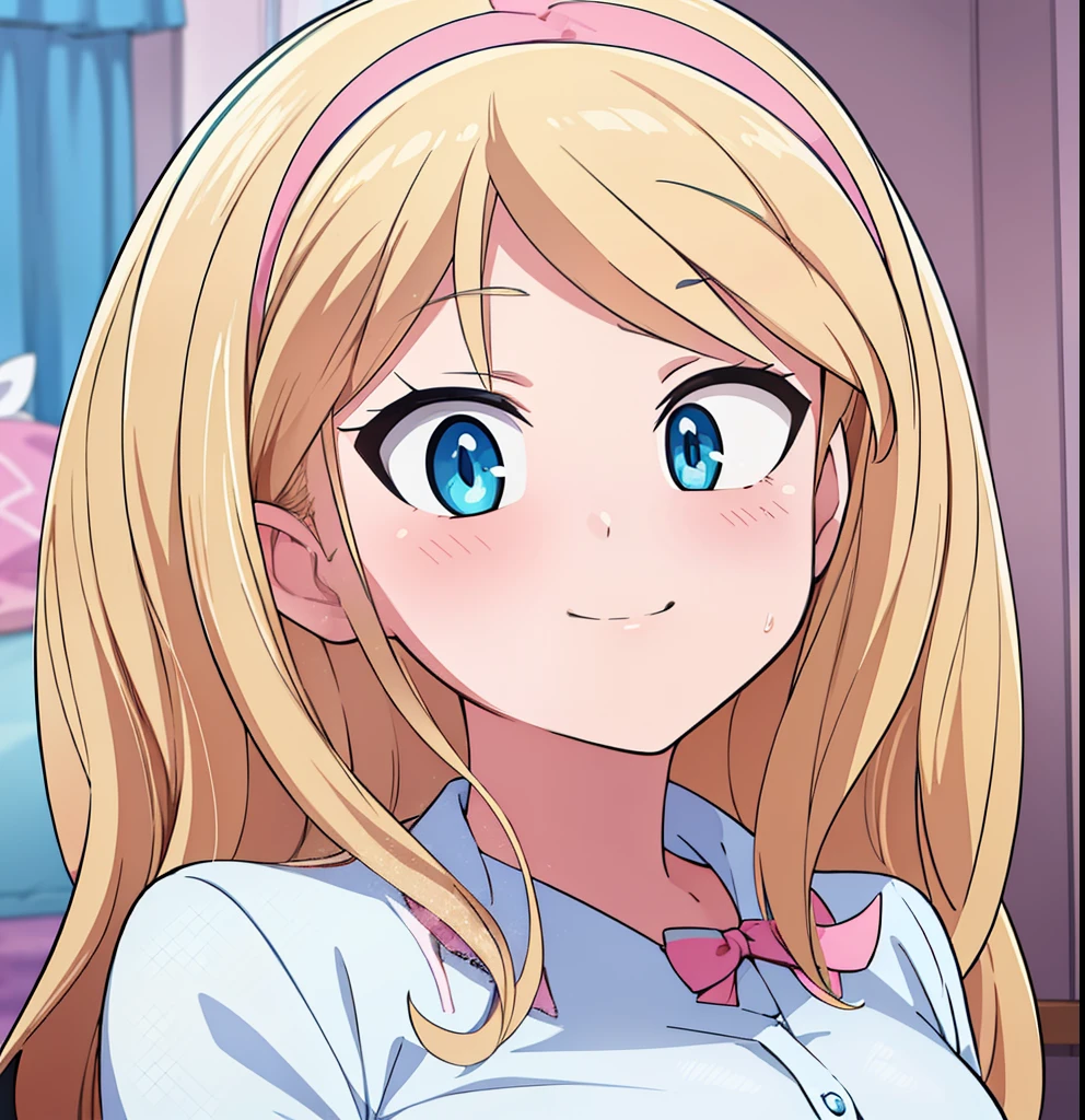 hiquality, tmasterpiece (one girls) . blonde woman. blue eyes. white shirt. ssmile. Pink Bow. pink ribbon on hair. In the background is a room with a nightstand and a bed with a window.....................................