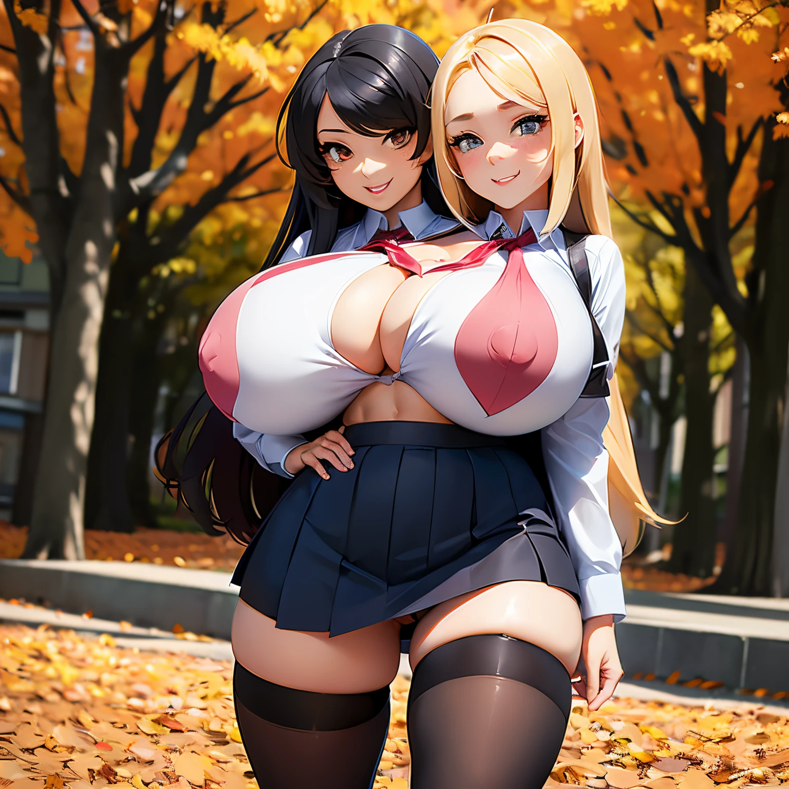 2 heads, a short thin woman with 2 heads. Outside in the autumn, at a university. Enormous breasts. Schoolgirl attire. Miniskirt. Thigh-high socks. Young. Gorgeous face. Messy hair. Happy. Flirty. Seductive. Enormous breasts. Giant erect nipples. Massive tits. Enormous round fake boobs.