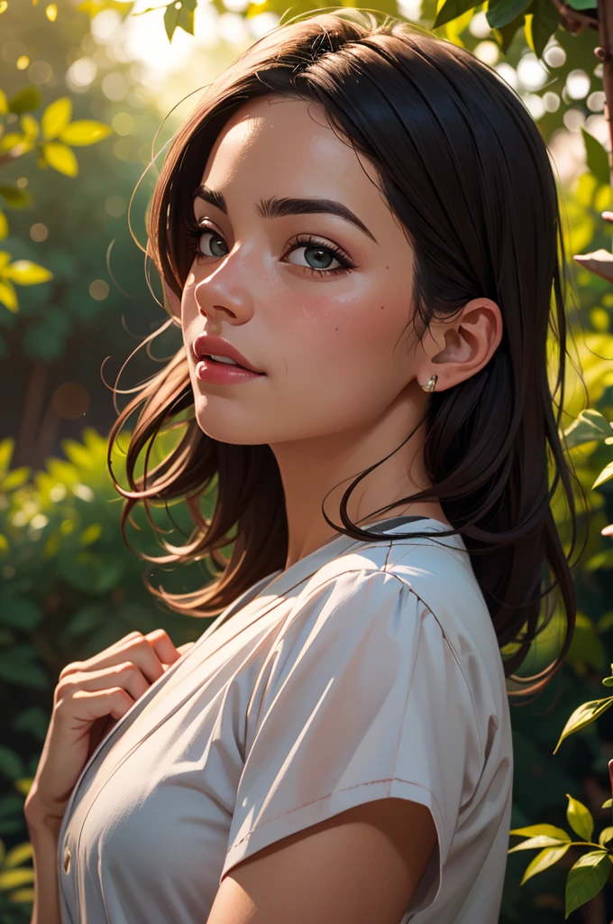 (master part, best quality), Foto de uma mulher, Realistic, Beautiful, Floresta, fada, Bokeh, riacho, vibrant lighting